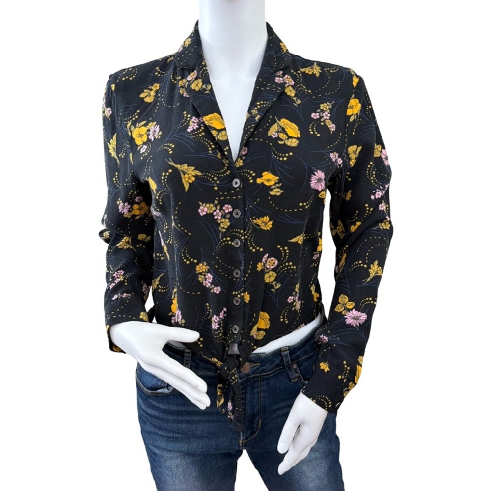MODCLOTH Black Floral Print Tie Front Button Up Shirt Blouse Women Medium